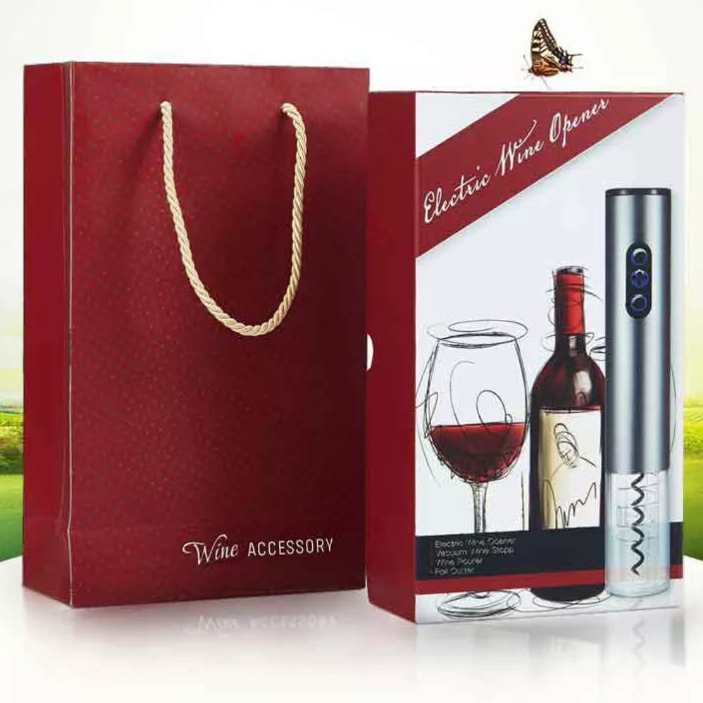 4 in 1-Set für Wein, elektrischer Öffner, Vakuumstopfen, Belüfter und Folienschneider.