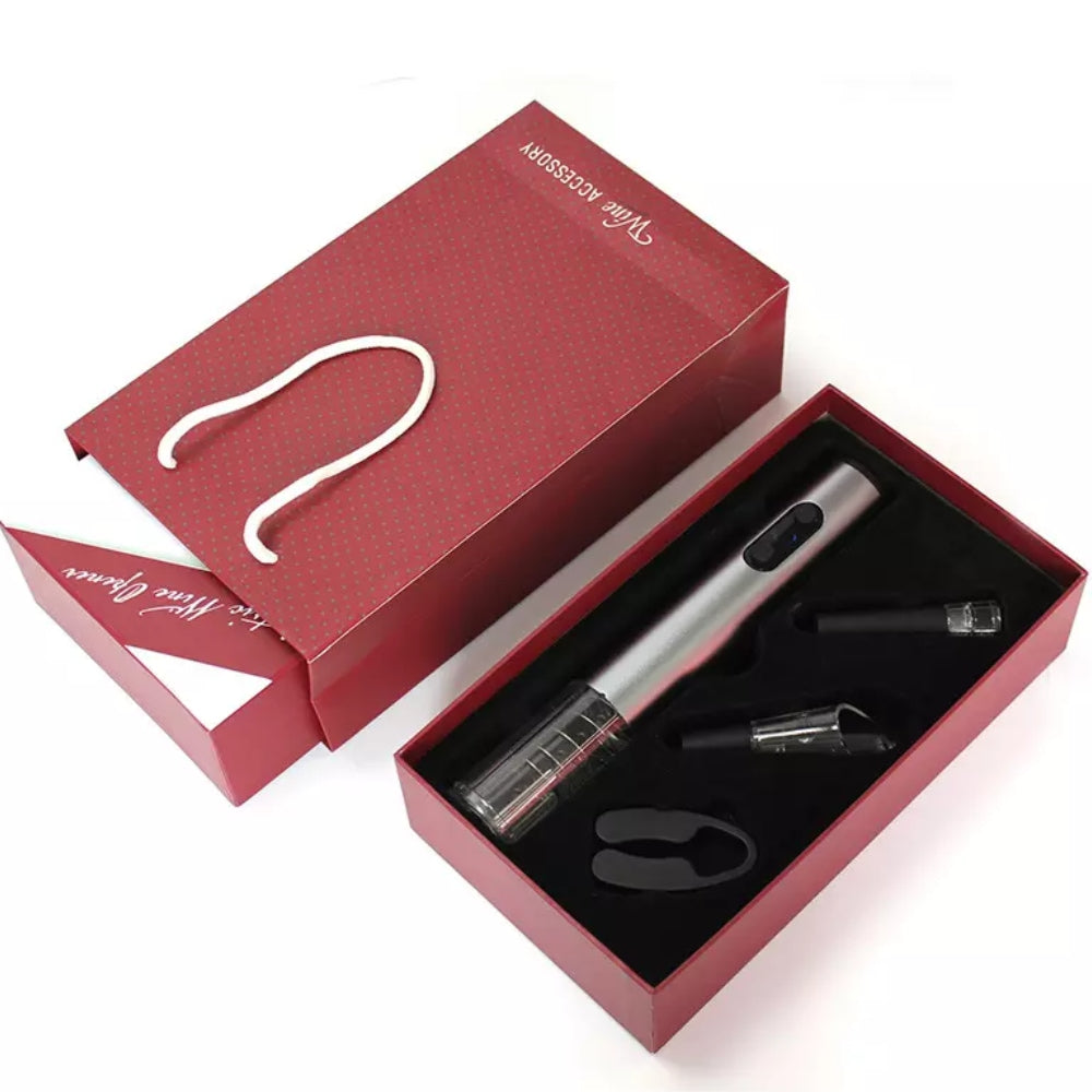 4 in 1-Set für Wein, elektrischer Öffner, Vakuumstopfen, Belüfter  und Folienschneider.
