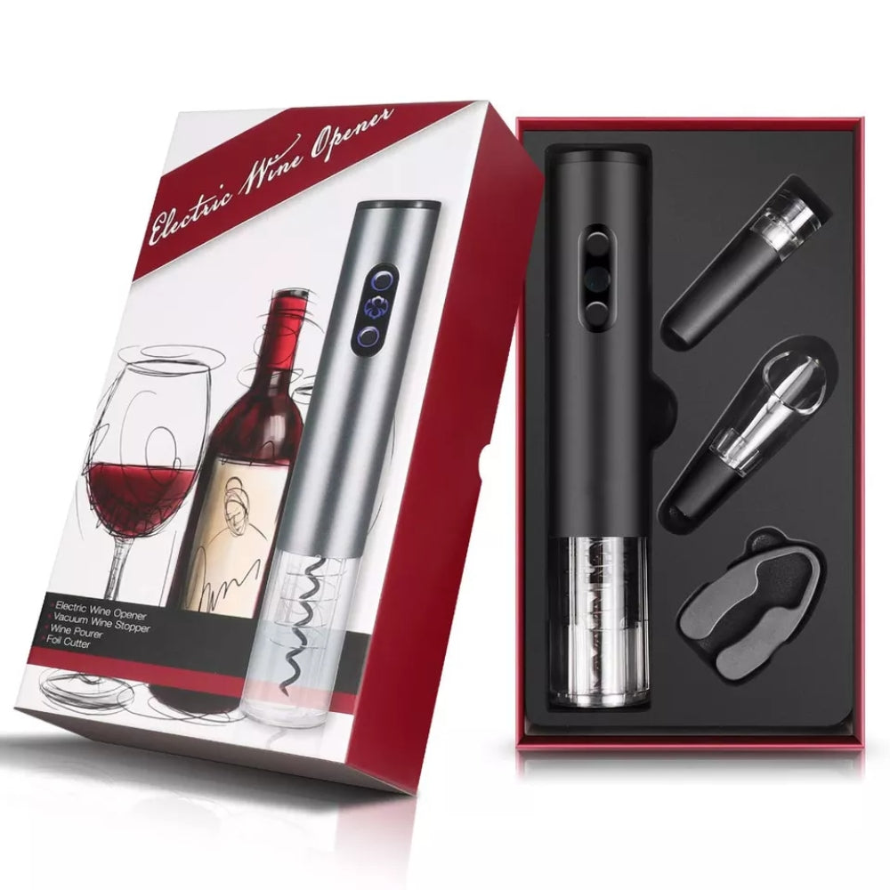4 in 1-Set für Wein, elektrischer Öffner, Vakuumstopfen, Belüfter  und Folienschneider.