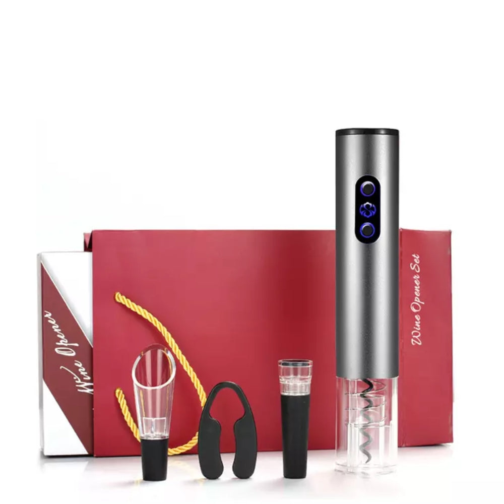 4 in 1-Set für Wein, elektrischer Öffner, Vakuumstopfen, Belüfter  und Folienschneider.