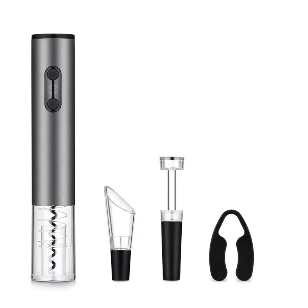 4 in 1-Set für Wein, elektrischer Öffner, Vakuumstopfen, Belüfter  und Folienschneider.