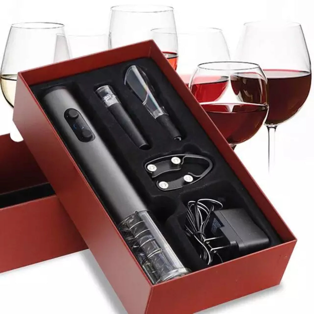 4 in 1-Set für Wein, elektrischer Öffner, Vakuumstopfen, Belüfter  und Folienschneider.